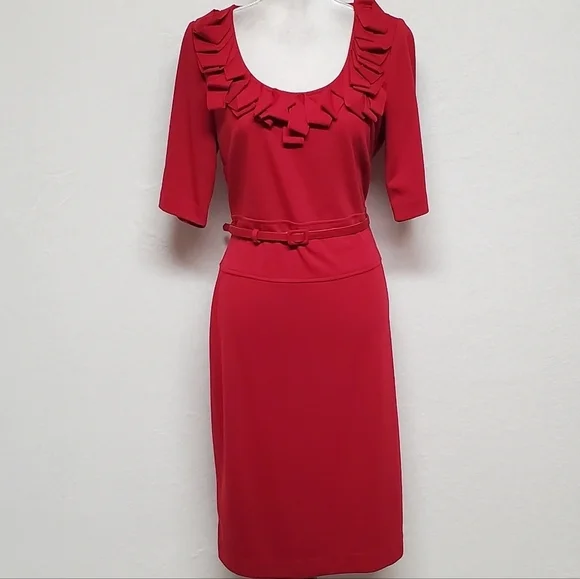 Retro Julian Taylor Red Front Ruffle Scoop Neck Belted Short Sleeve Midi Dress - Picture 2 of 15